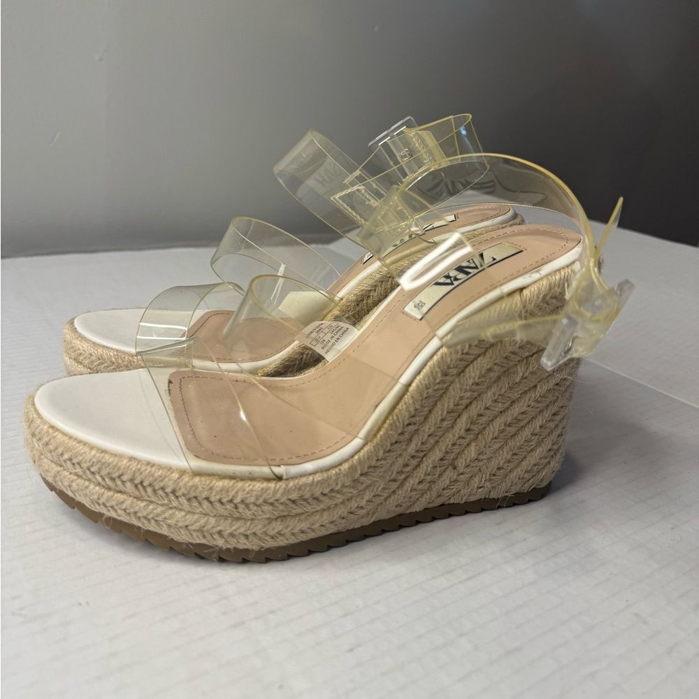 Zara Clear Wide Fit Triple Strap Raffia Wedges size 38/7.5